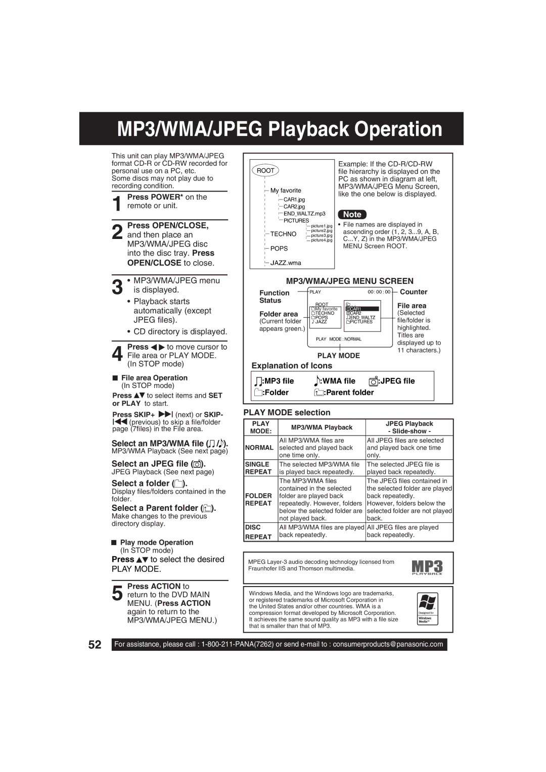 Panasonic PV-DF203 Press OPEN/CLOSE, OPEN/CLOSE to close, Explanation of Icons, Select an MP3/WMA ﬁle, Select an Jpeg ﬁle 