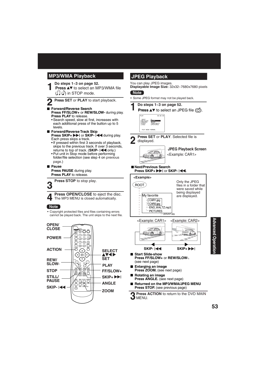 Panasonic PV-DF273, PV-DF203 manual MP3/WMA Playback, Jpeg Playback, Open, Pause Skip Angle Zoom 