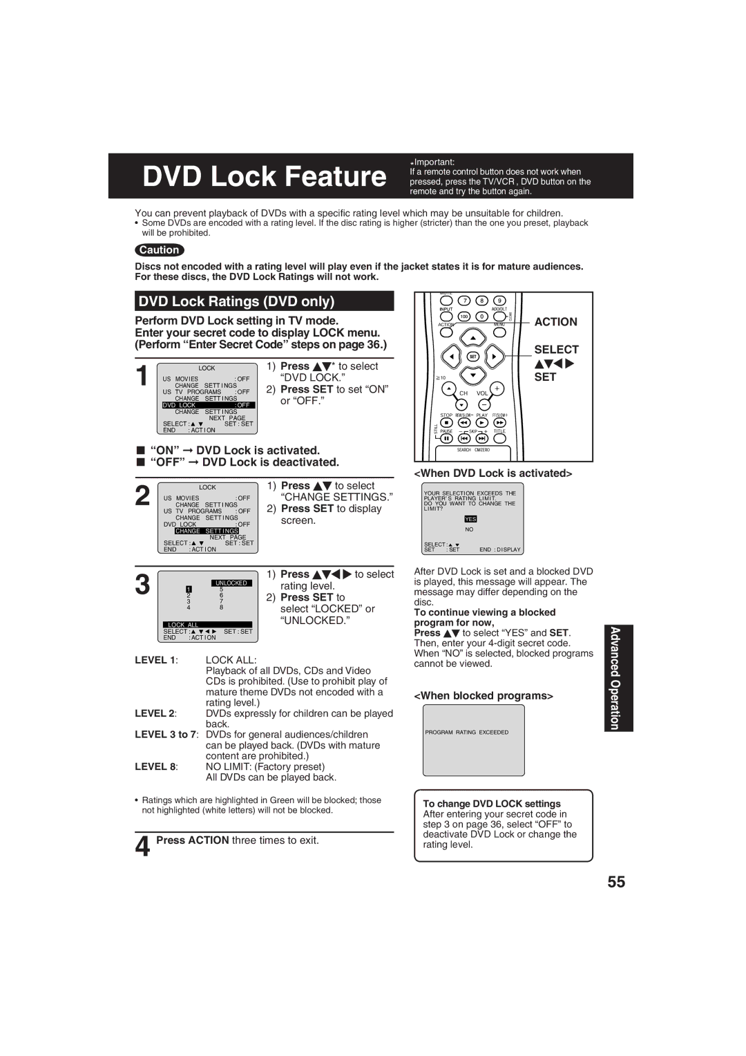 Panasonic PV-DF273, PV-DF203 manual DVD Lock Ratings DVD only, Action Select SET 