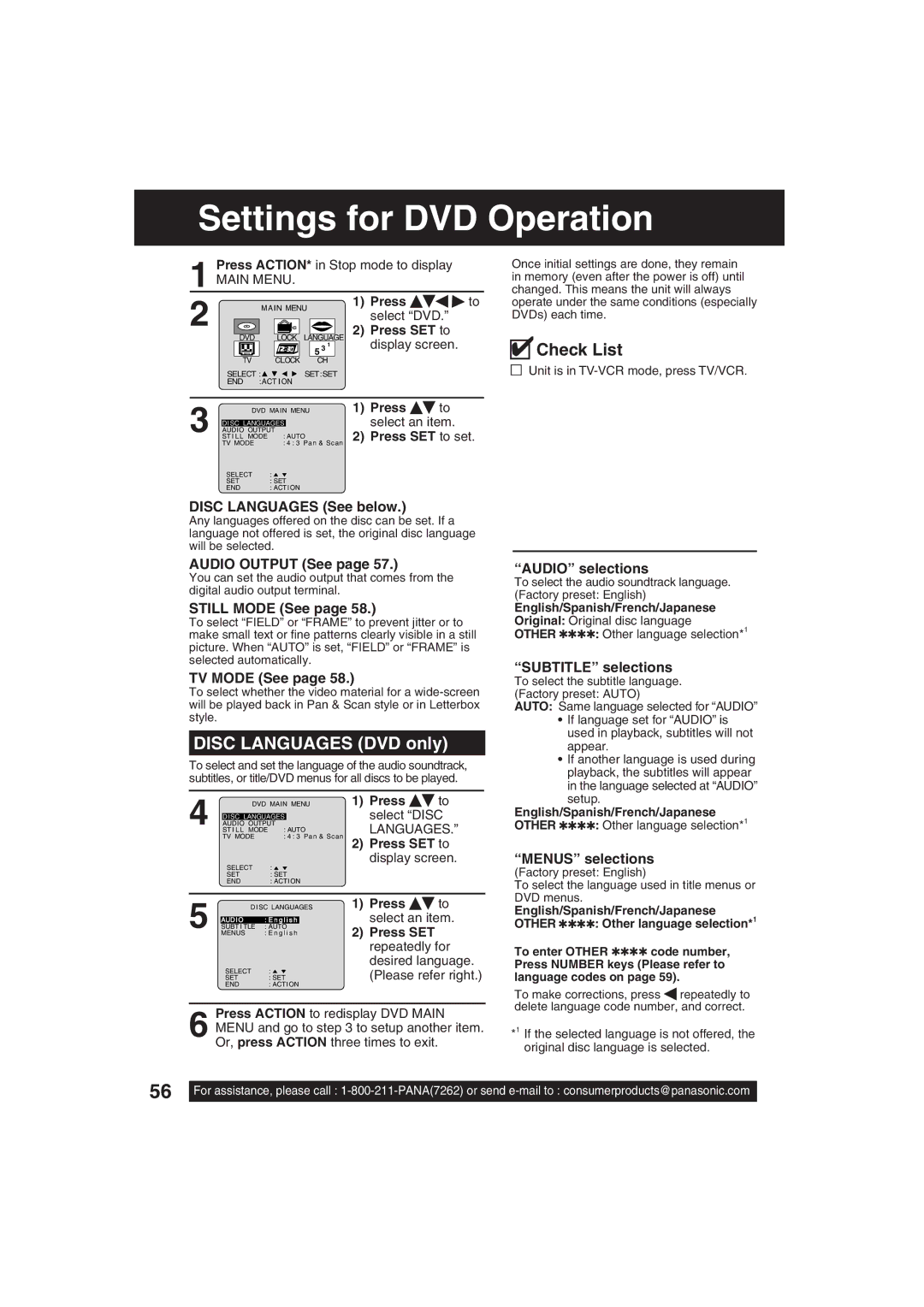 Panasonic PV-DF203, PV-DF273 manual Settings for DVD Operation, Disc Languages DVD only 