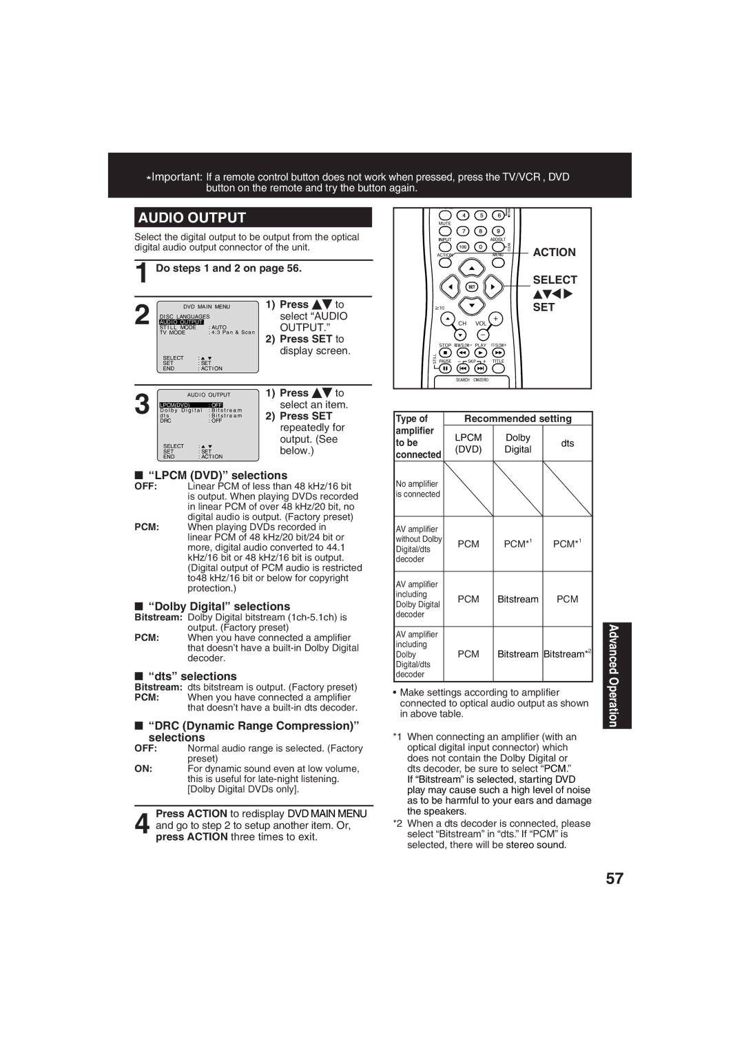 Panasonic PV-DF273, PV-DF203 manual Action Select, Lpcm DVD selections, Dolby Digital selections, Dts selections 