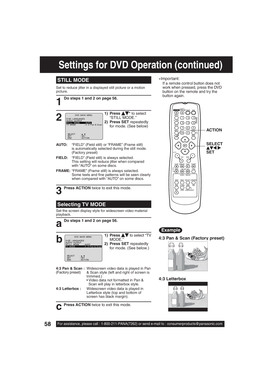 Panasonic PV-DF203, PV-DF273 manual Selecting TV Mode, Example, Pan & Scan Factory preset Letterbox, For mode. See below 