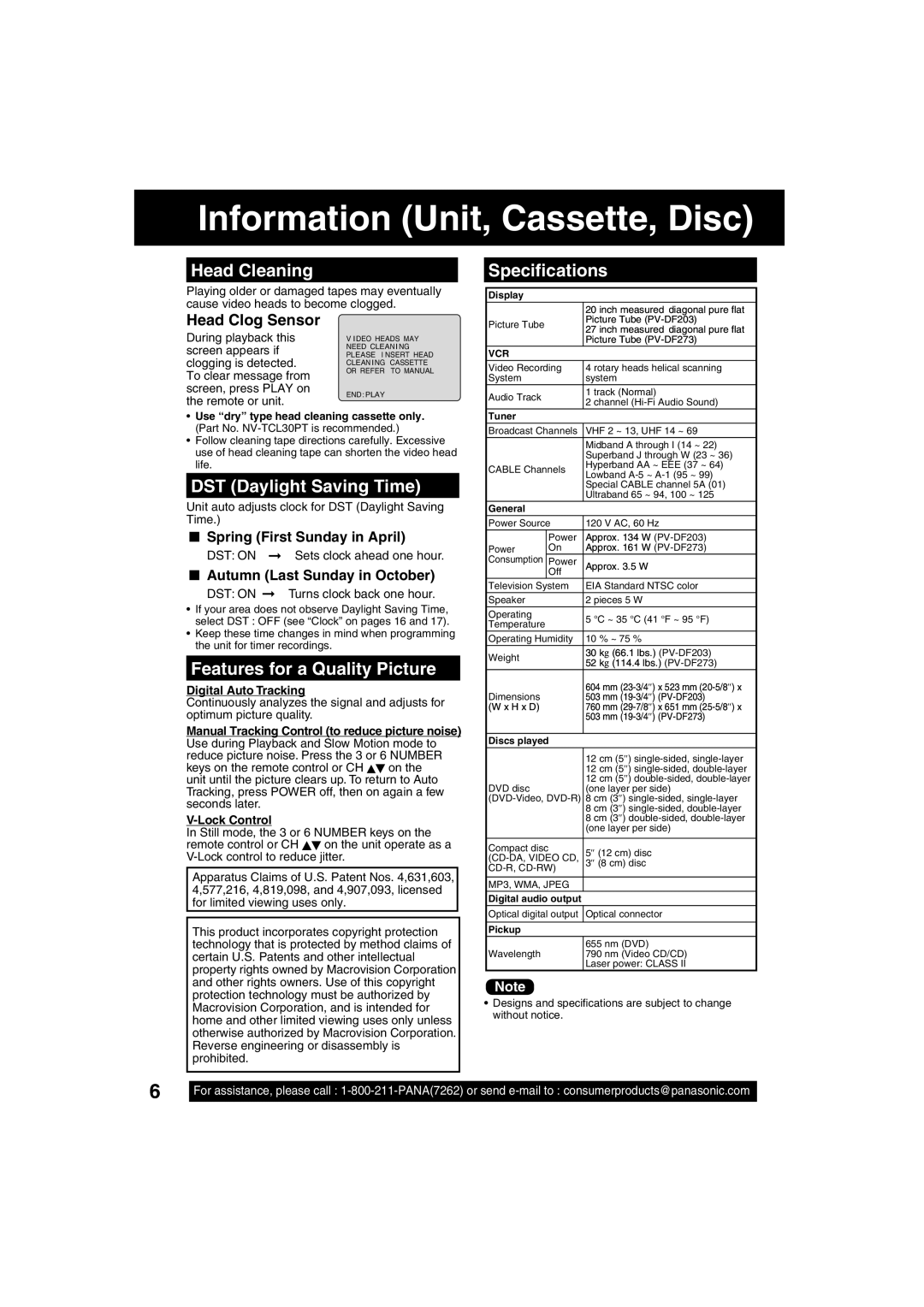 Panasonic PV-DF203, PV-DF273 manual Information Unit, Cassette, Disc, Head Cleaning Speciﬁcations, DST Daylight Saving Time 