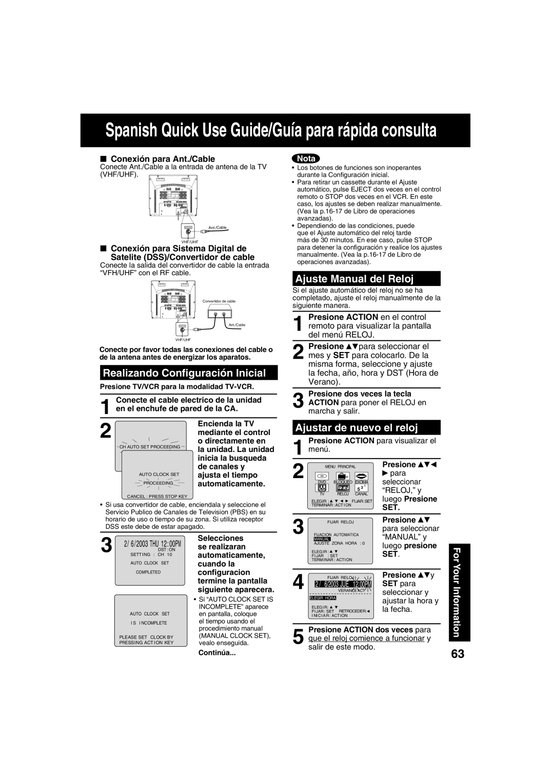 Panasonic PV-DF273, PV-DF203 manual Realizando Conﬁguración Inicial, Ajuste Manual del Reloj, Ajustar de nuevo el reloj 