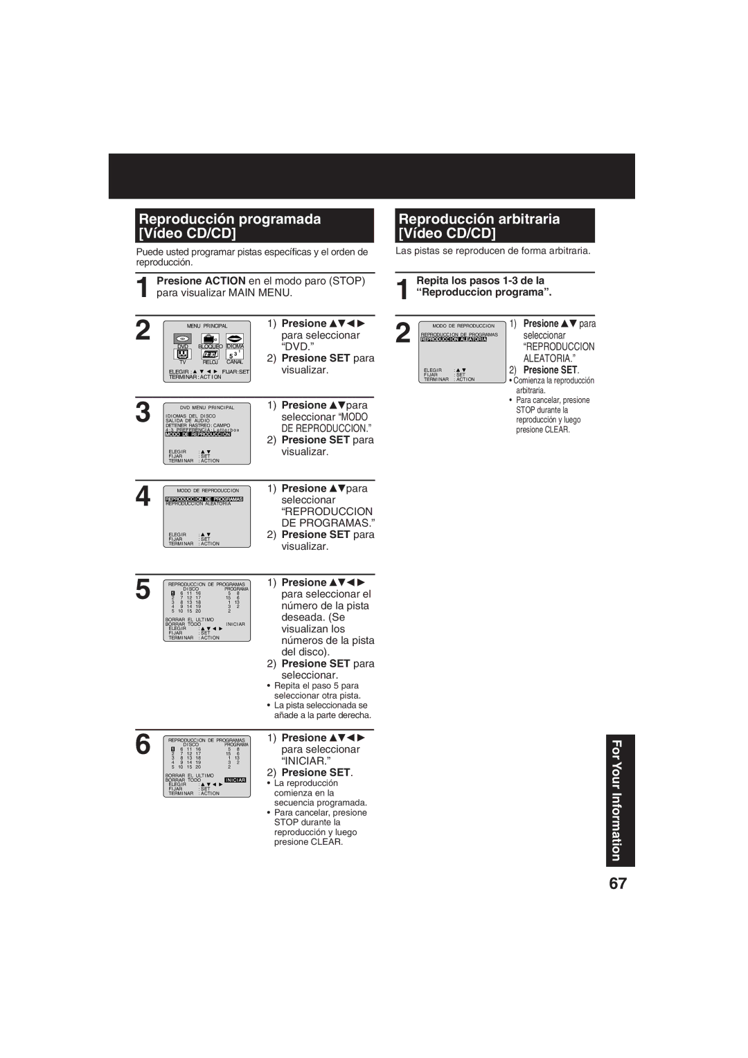 Panasonic PV-DF273, PV-DF203 manual Reproducción programada Vídeo CD/CD, Reproducción arbitraria Vídeo CD/CD 