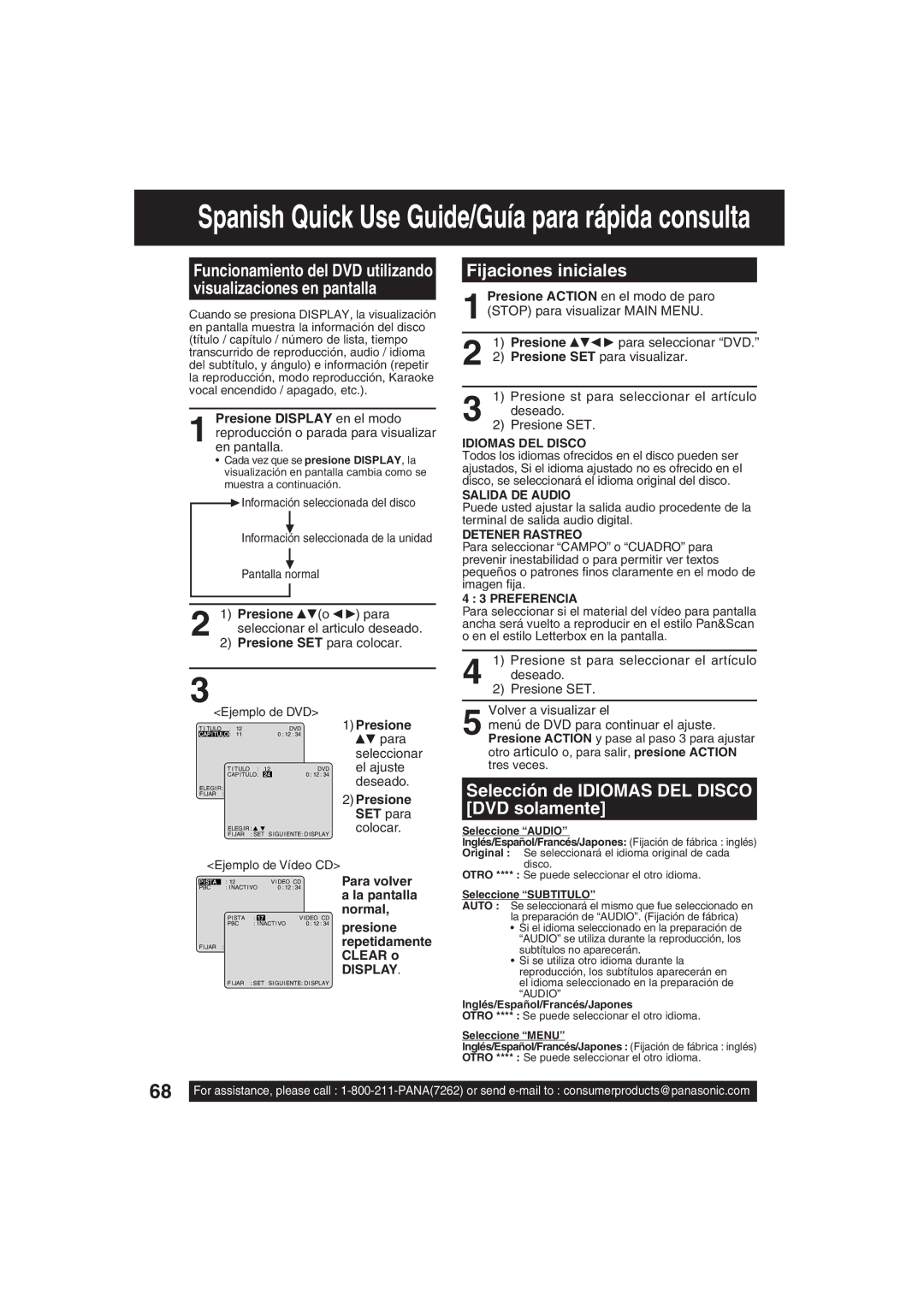 Panasonic PV-DF203 manual Visualizaciones en pantalla, Fijaciones iniciales, Selección de Idiomas DEL Disco DVD solamente 