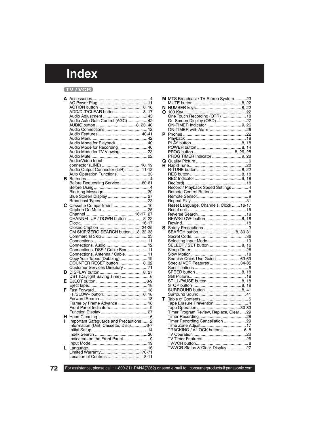 Panasonic PV-DF203, PV-DF273 manual Index 