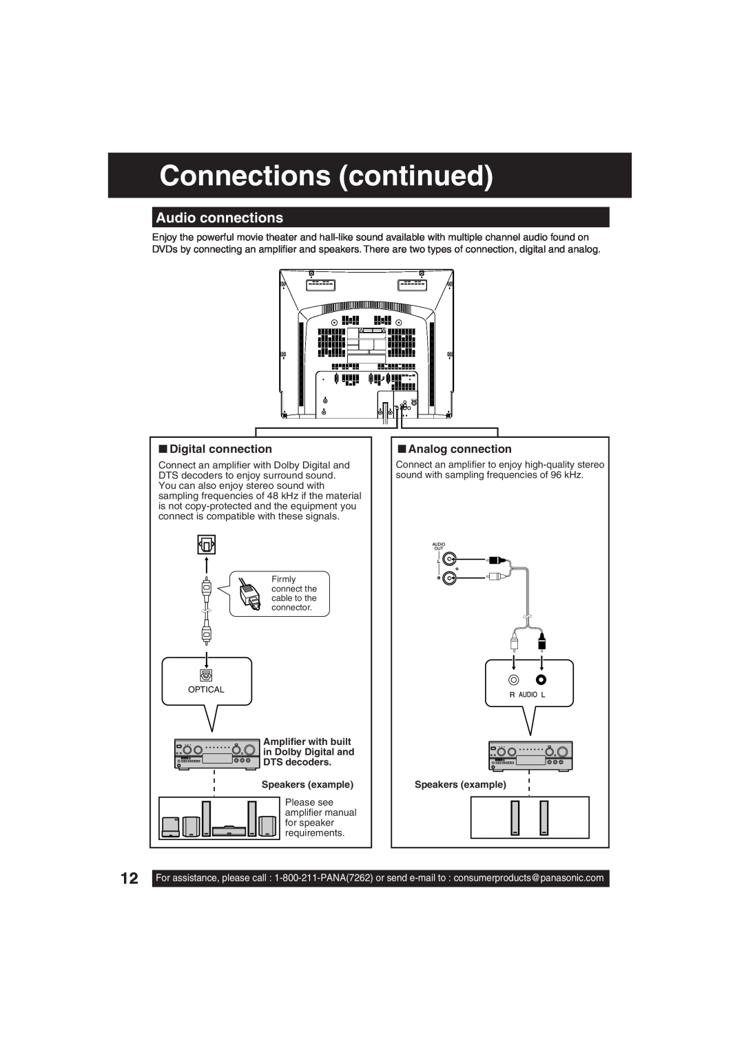 Panasonic PV-DF203, PV-DF273 manual Connections continued, Audio connections, Digital connection, Analog connection 