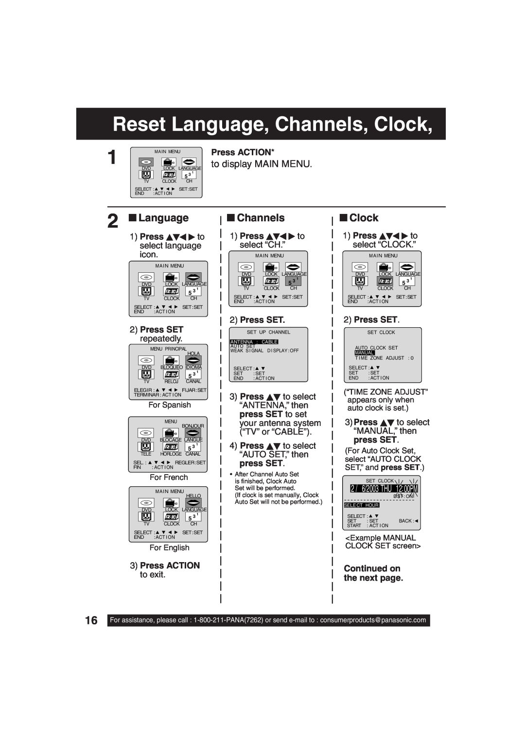 Panasonic PV-DF203 Reset Language, Channels, Clock, to display MAIN MENU, Press ACTION, Press to select language icon 