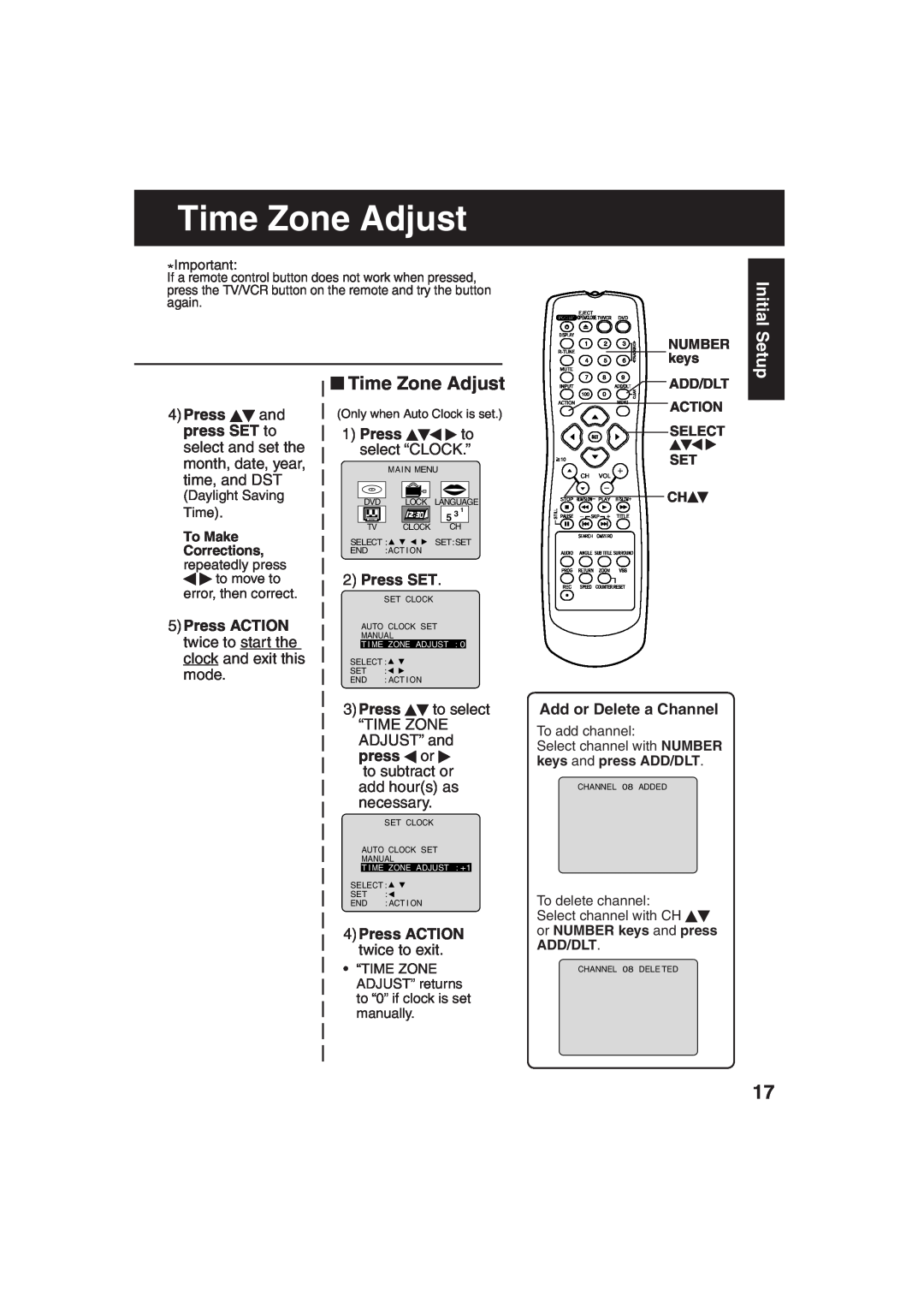 Panasonic PV-DF273 Time Zone Adjust, Initial Setup, Press ACTION twice to start the clock and exit this mode, NUMBER keys 