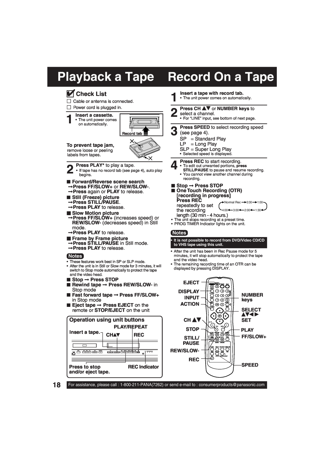 Panasonic PV-DF203 Playback a Tape Record On a Tape, Operation using unit buttons, To prevent tape jam, Stop Press STOP 