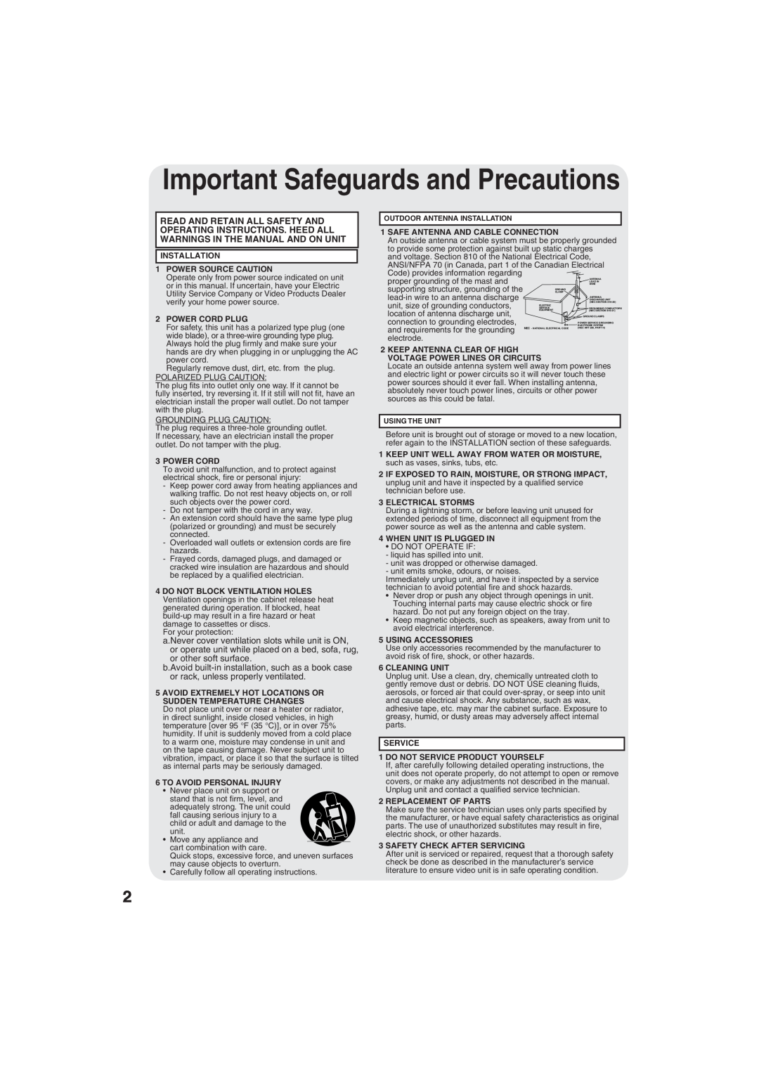 Panasonic PV-DF203, PV-DF273 manual Important Safeguards and Precautions 