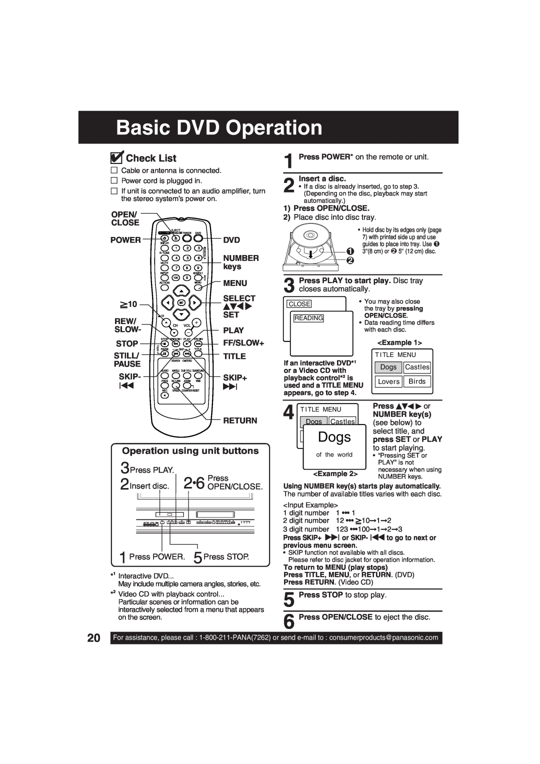 Panasonic PV-DF203 Basic DVD Operation, Open Close, Power, Menu, Slow, Title, Skip+, Return, 3Press PLAY, 2Insert disc 