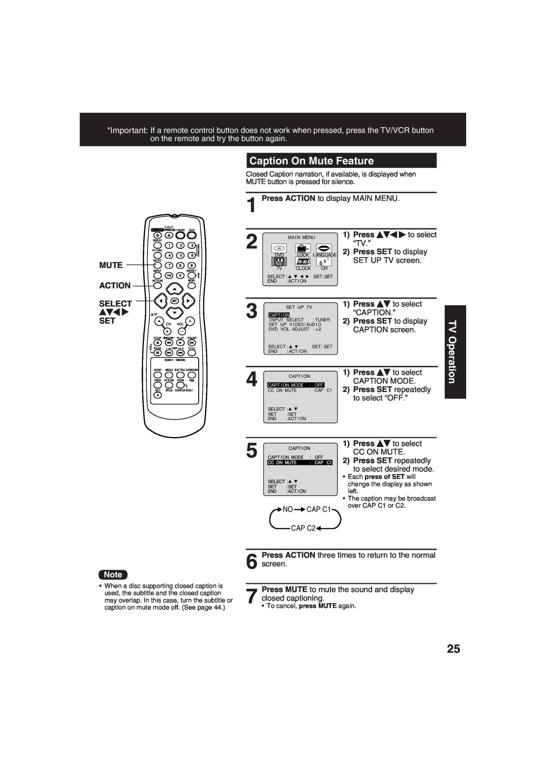 Panasonic PV-DF273, PV-DF203 manual Caption On Mute Feature, Mute Action Select Set, TV Operation, Press SET to display 