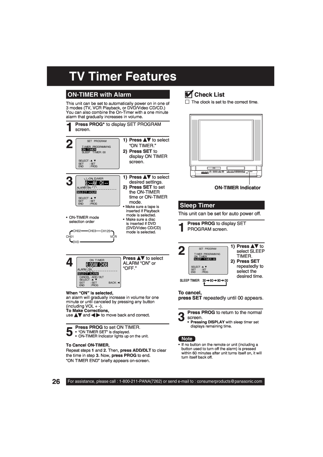 Panasonic PV-DF203 TV Timer Features, ON-TIMER with Alarm, Sleep Timer, ON-TIMER Indicator, To cancel, Check List, Press 