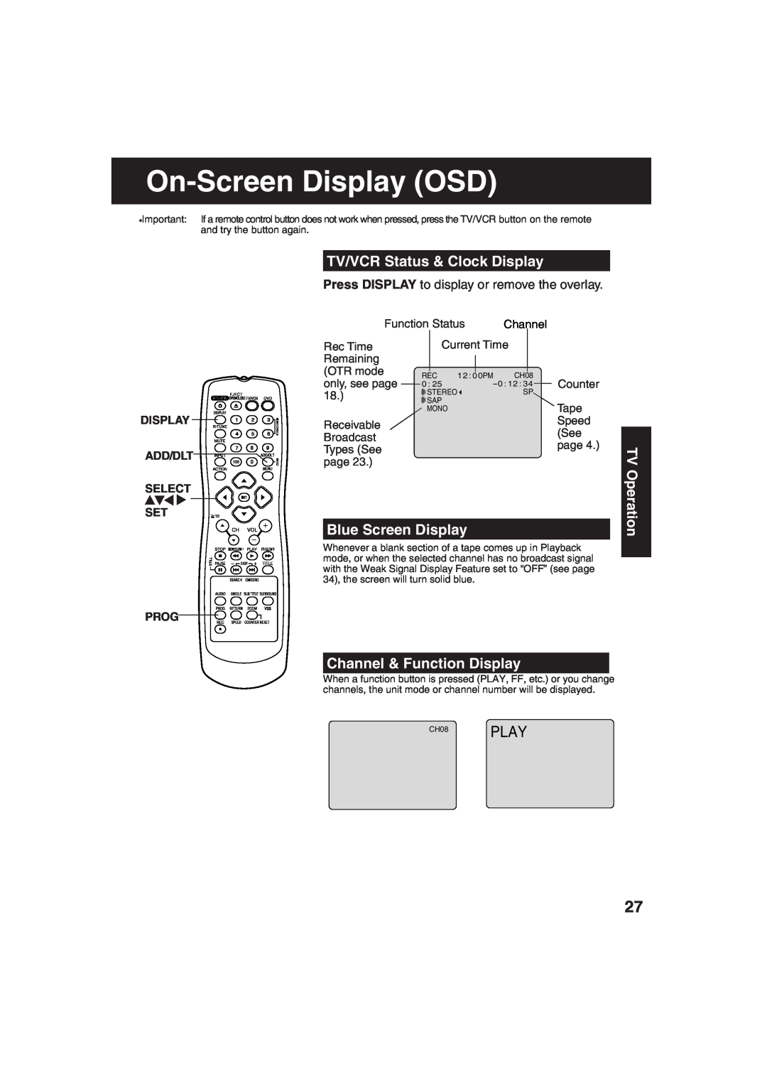 Panasonic PV-DF273 On-Screen Display OSD, TV/VCR Status & Clock Display, Blue Screen Display, Channel & Function Display 