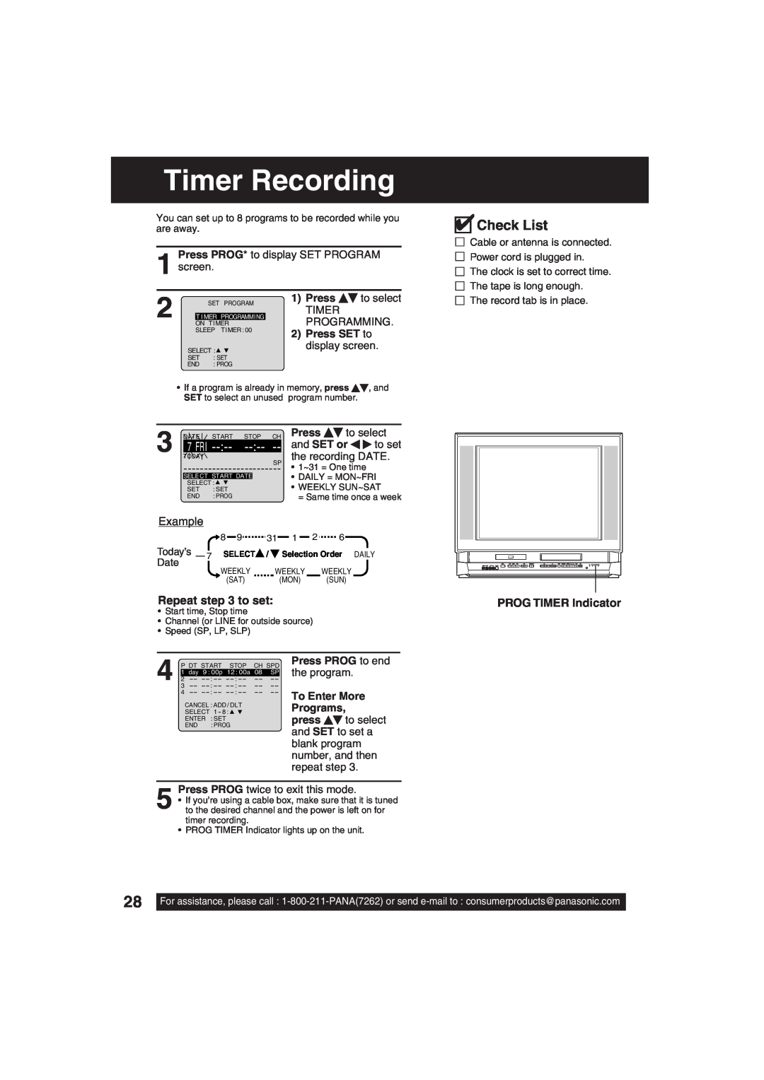 Panasonic PV-DF203, PV-DF273 Timer Recording, Example, Repeat to set, PROG TIMER Indicator, Check List, Press SET to 