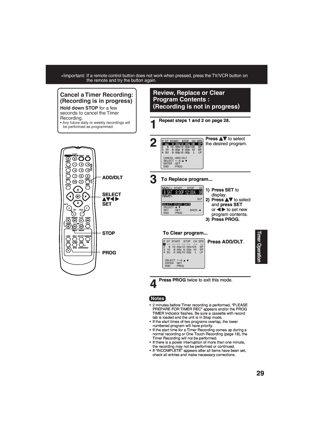 Panasonic PV-DF273 Cancel a Timer Recording Recording is in progress, Add/Dlt Select Set Stop Prog, To Replace program 