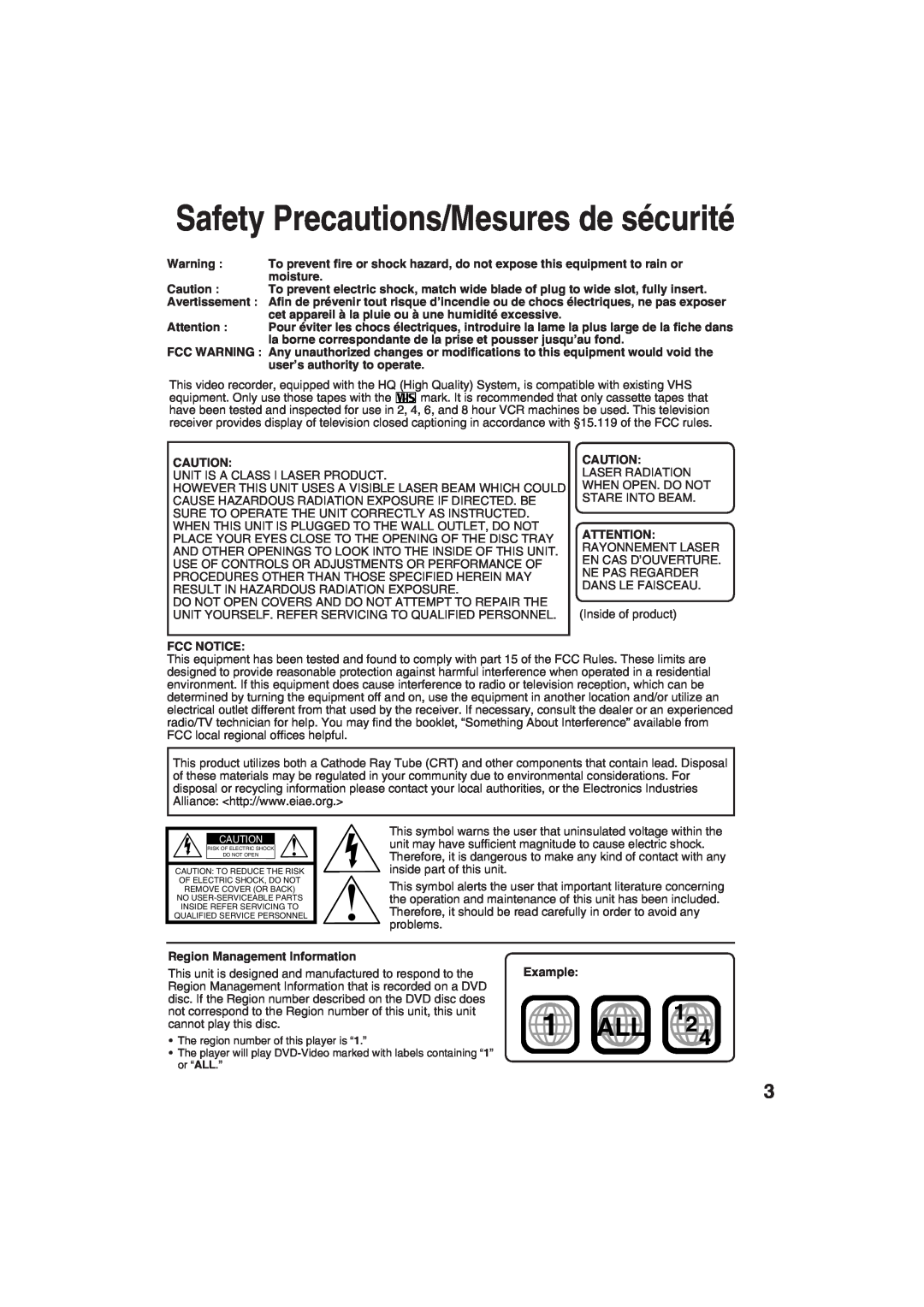 Panasonic PV-DF273, PV-DF203 manual Safety Precautions/Mesures de sécurité, Example 