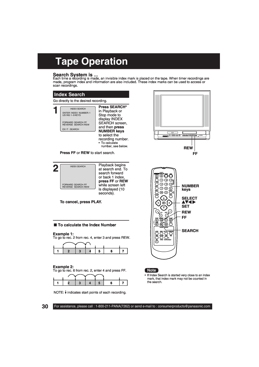Panasonic PV-DF203 Tape Operation, Search System is, Index Search, NUMBER keys SELECT, Set Rew Ff Search, Example 