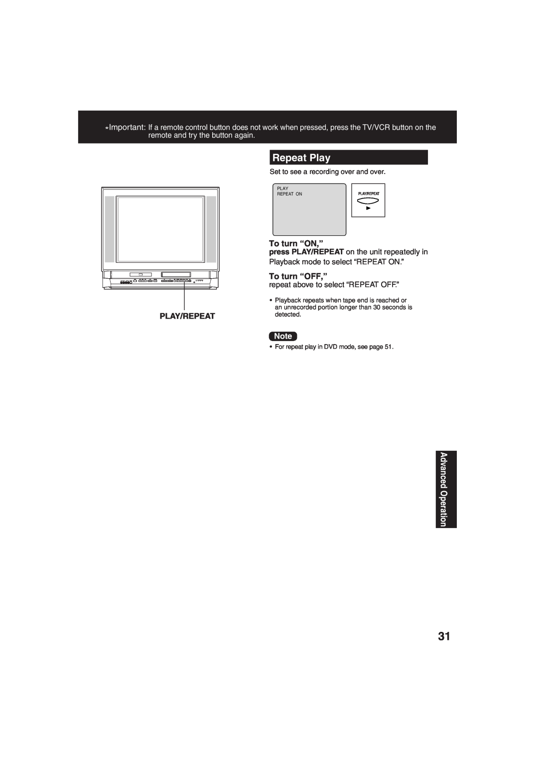 Panasonic PV-DF273, PV-DF203 manual Repeat Play, To turn “ON,”, To turn “OFF,”, PLAY/REPEATdetected, Advanced Operation 