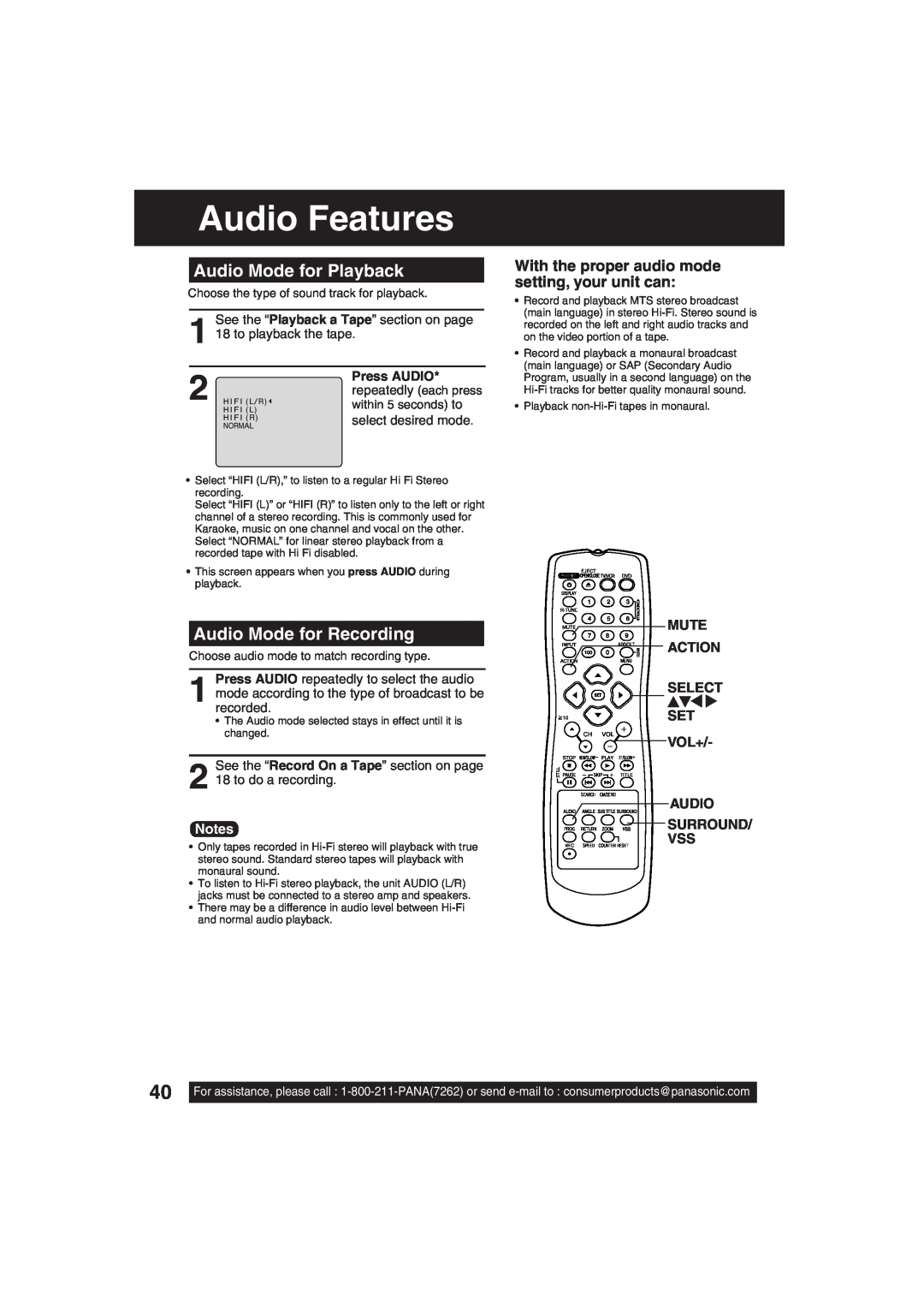Panasonic PV-DF203, PV-DF273 manual Audio Features, Audio Mode for Playback, Audio Mode for Recording, Press AUDIO 