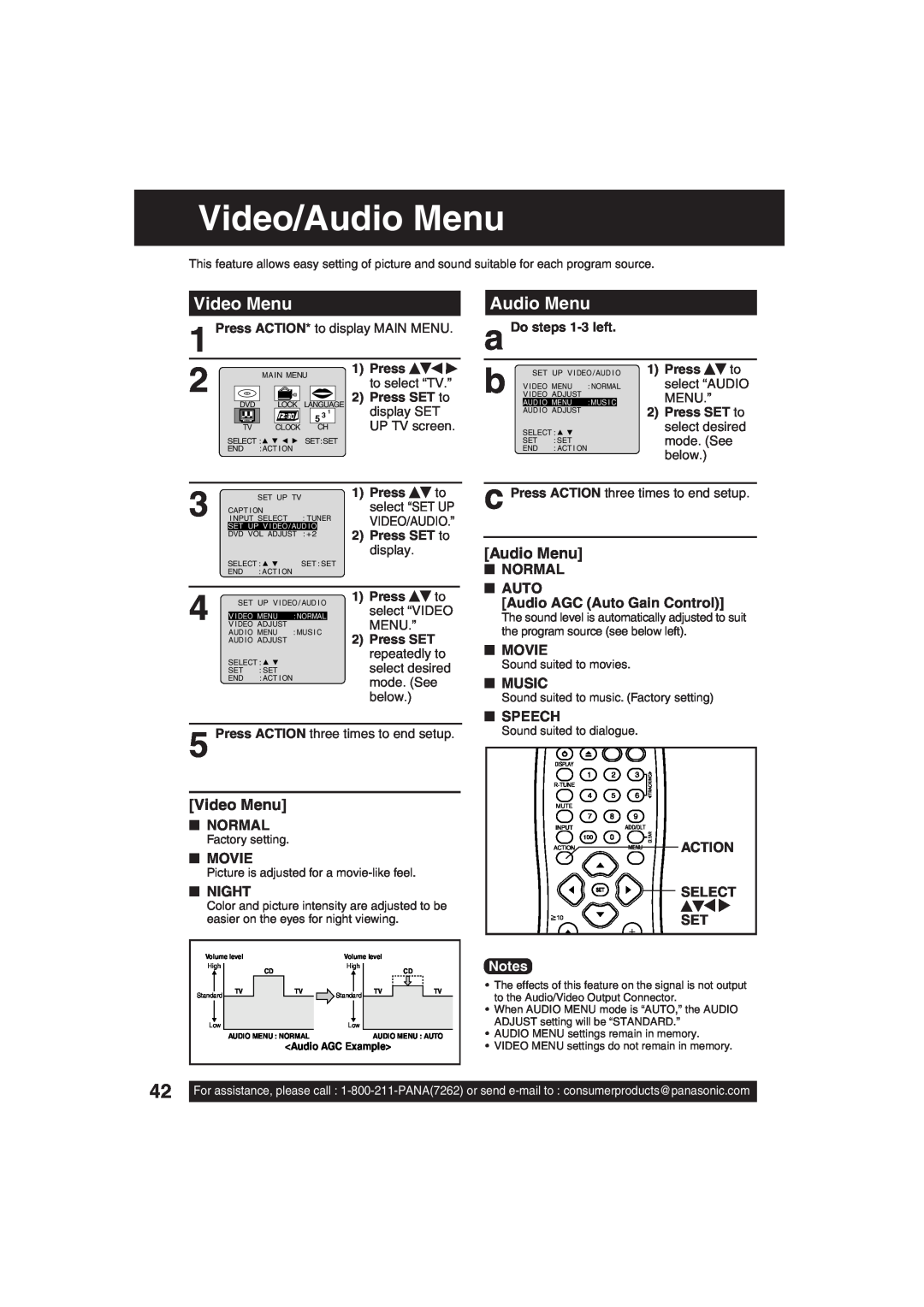 Panasonic PV-DF203 Video/Audio Menu, Video Menu, Normal, Audio AGC Auto Gain Control, Movie, Music, Speech, Night 