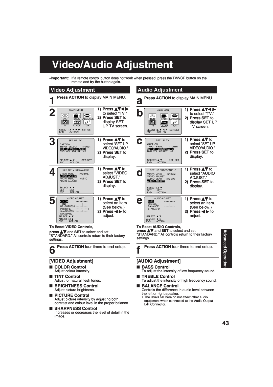 Panasonic PV-DF273 Video/Audio Adjustment, Video Adjustment, VIDEO Adjustment, AUDIO Adjustment, COLOR Control, Press 
