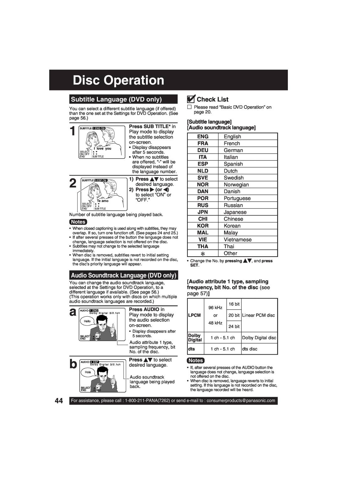 Panasonic PV-DF203, PV-DF273 Disc Operation, Subtitle Language DVD only, Check List, Audio Soundtrack Language DVD only 