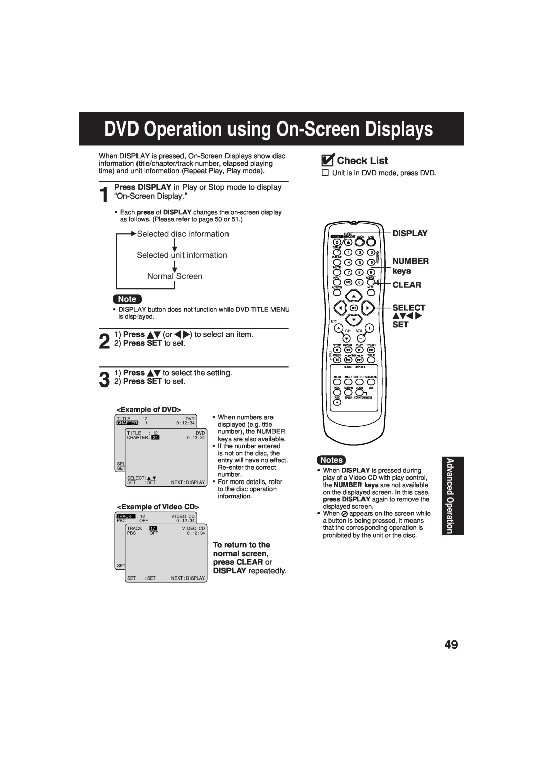 Panasonic PV-DF273 manual DVD Operation using On-Screen Displays, DISPLAY NUMBER keys CLEAR SELECT SET, Check List, Press 