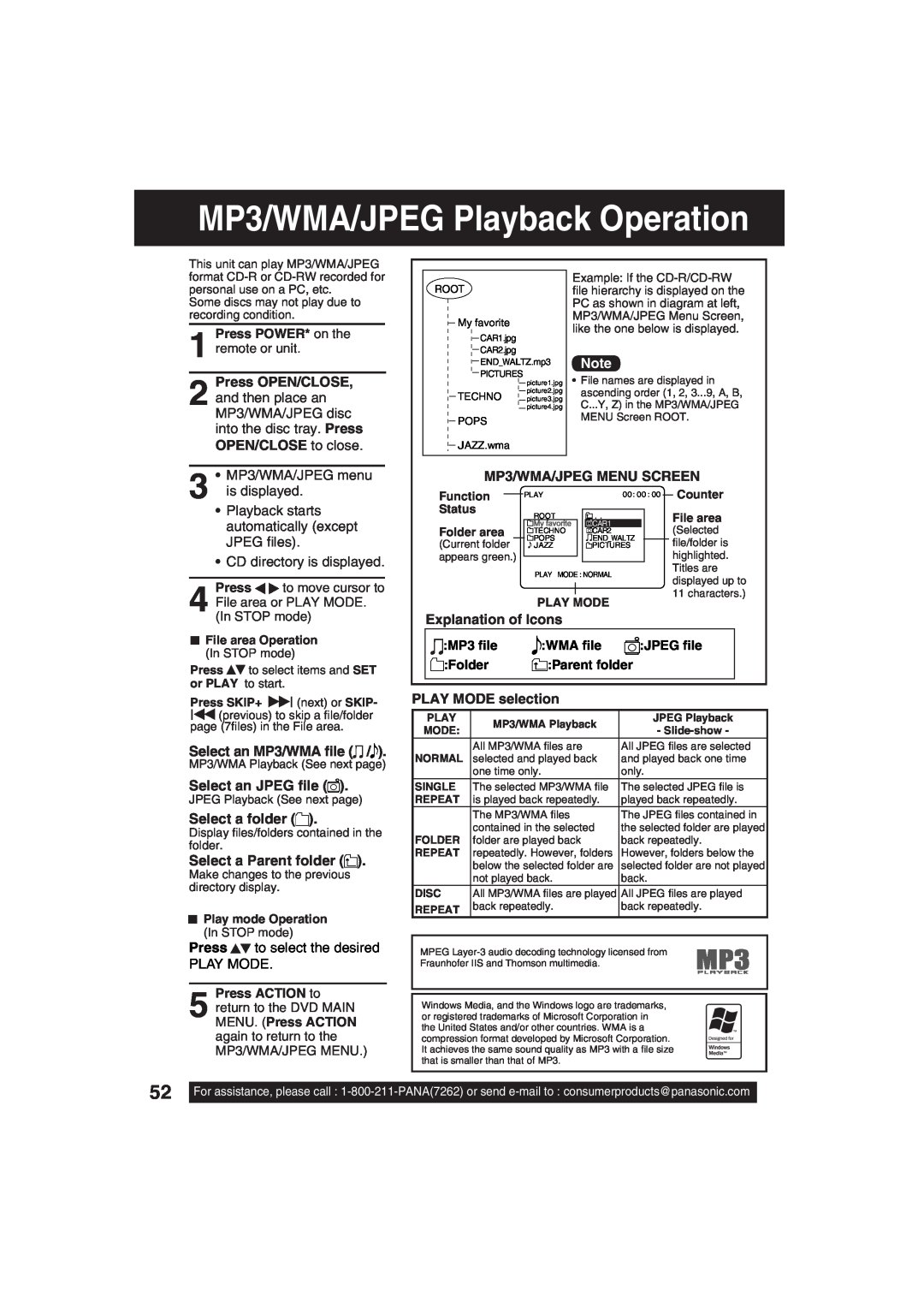 Panasonic PV-DF203 manual Press OPEN/CLOSE, and then place an, MP3/WMA/JPEG disc, OPEN/CLOSE to close, 3 MP3/WMA/JPEG menu 