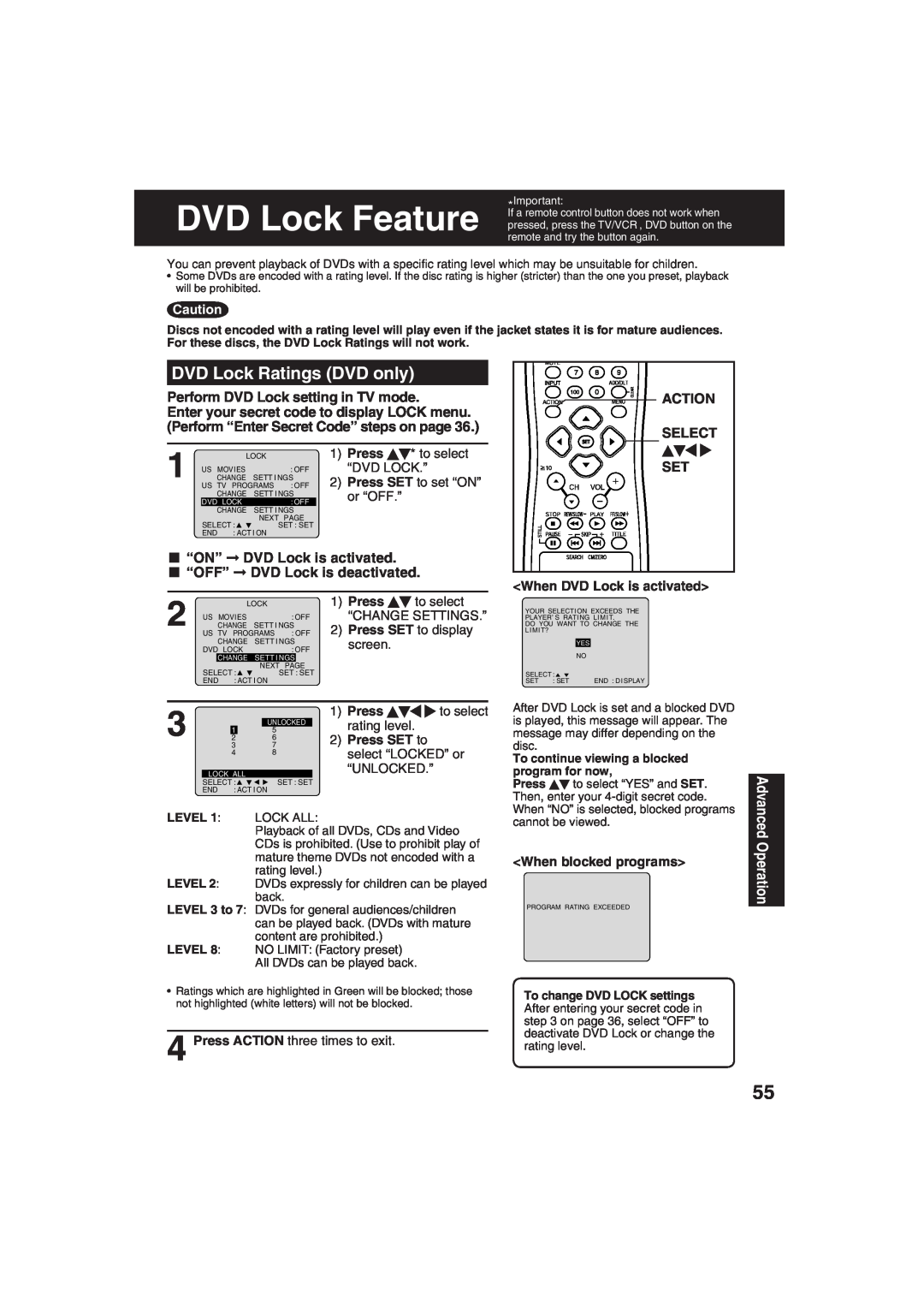 Panasonic PV-DF273 DVD Lock Ratings DVD only, Perform DVD Lock setting in TV mode, When blocked programs, Press, Level 