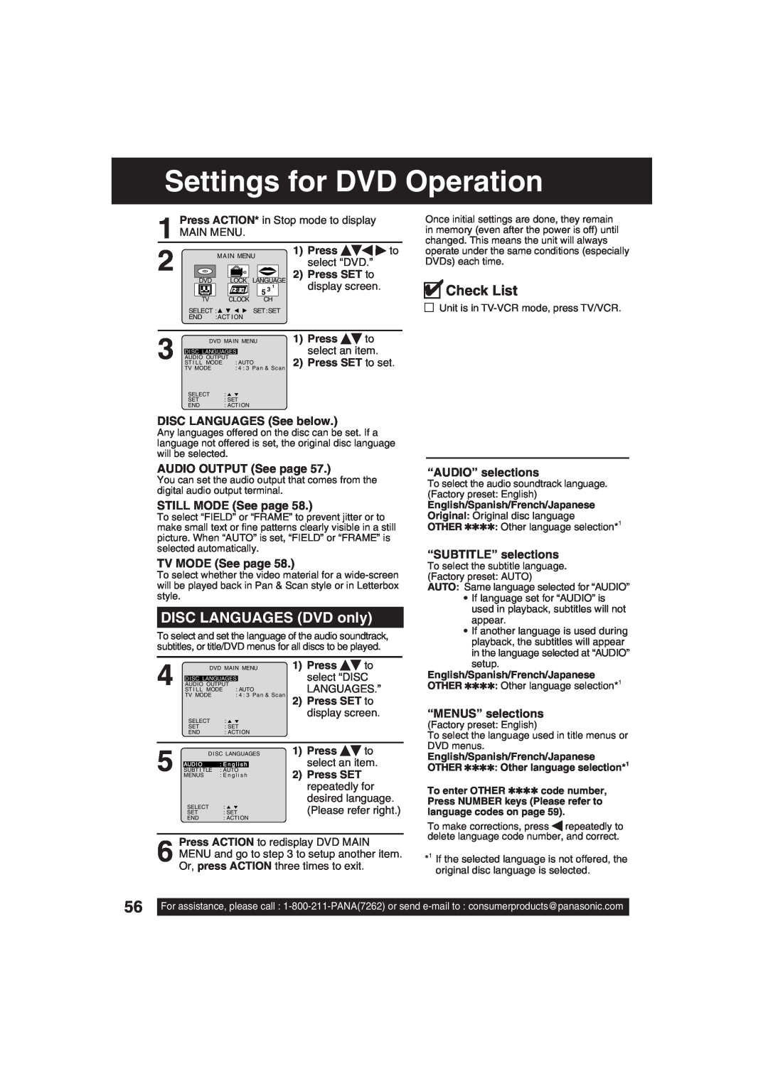 Panasonic PV-DF203 Settings for DVD Operation, DISC LANGUAGES DVD only, DISC LANGUAGES See below, AUDIO OUTPUT See page 