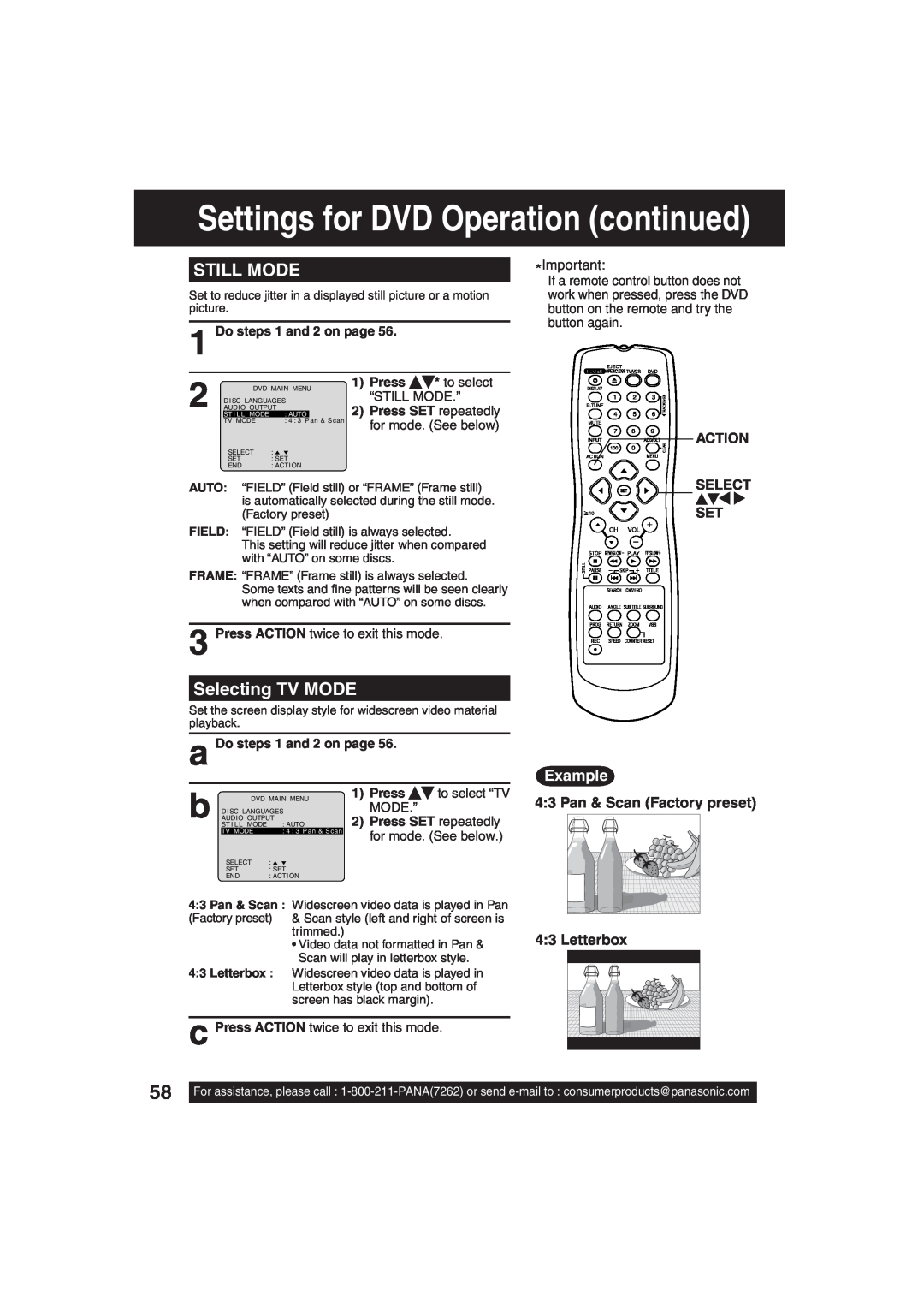 Panasonic PV-DF203 Settings for DVD Operation continued, Still Mode, Selecting TV MODE, Example, Action Select Set, Press 