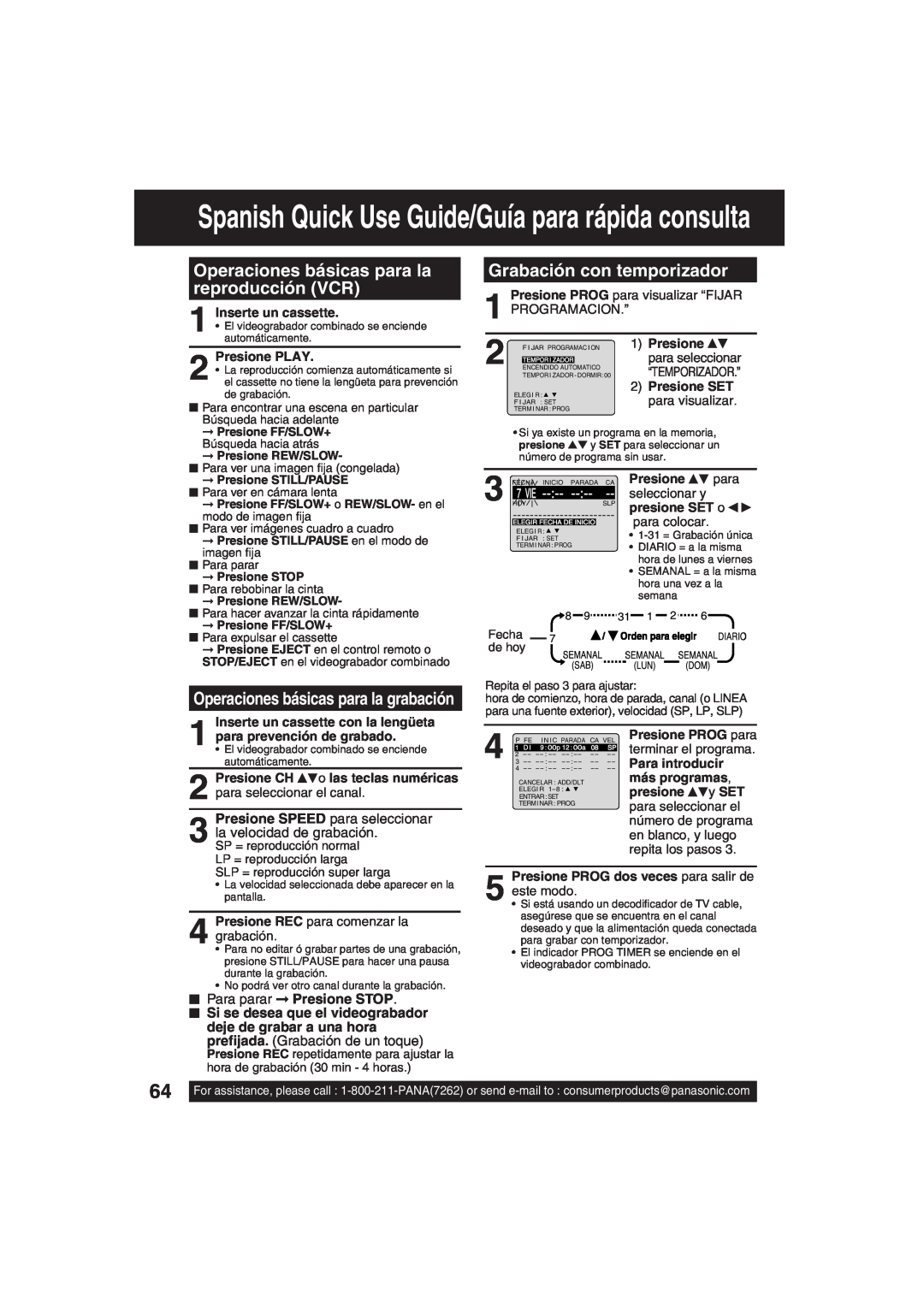 Panasonic PV-DF203 manual Spanish Quick Use Guide/Guía para rápida consulta, Operaciones básicas para la reproducción VCR 