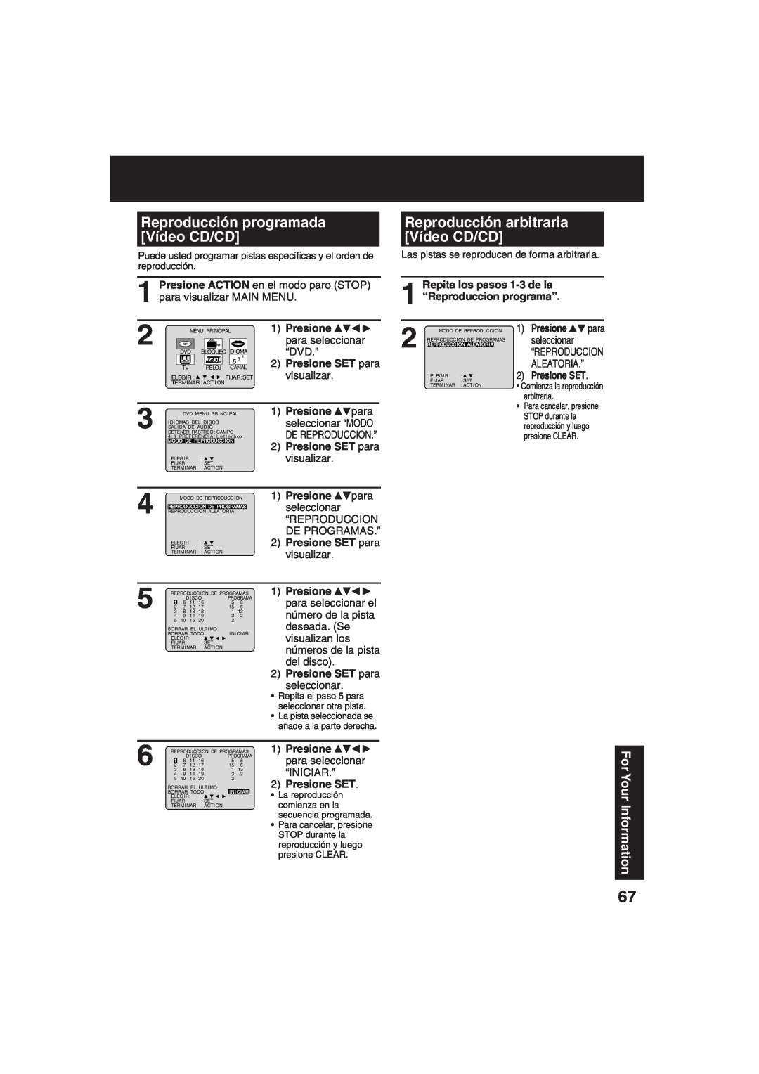 Panasonic PV-DF273 manual Reproducción programada Vídeo CD/CD, Reproducción arbitraria Vídeo CD/CD, For Your Information 