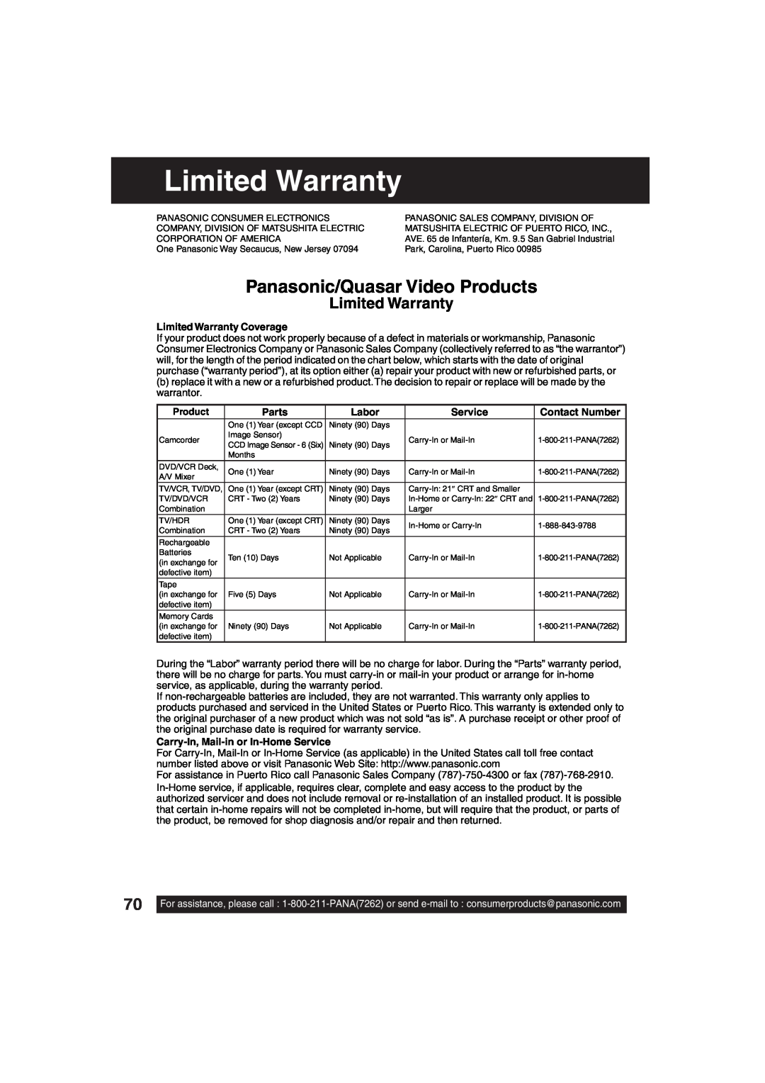 Panasonic PV-DF203 Panasonic/Quasar Video Products, Limited Warranty Coverage, Parts, Labor, Service, Contact Number 