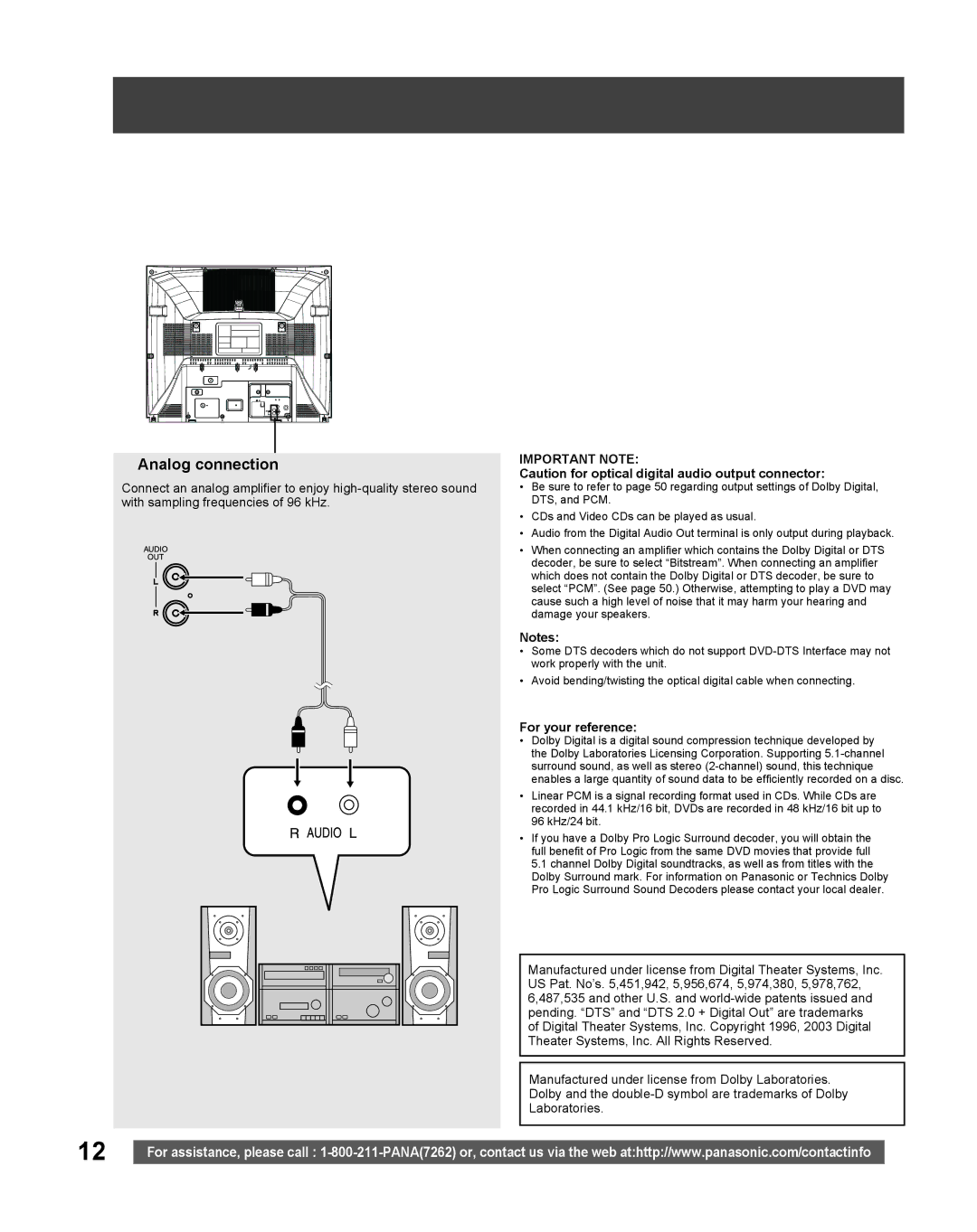 Panasonic PV-DF2035, PV DF2735 manual Analog connection, Important Note, For your reference 