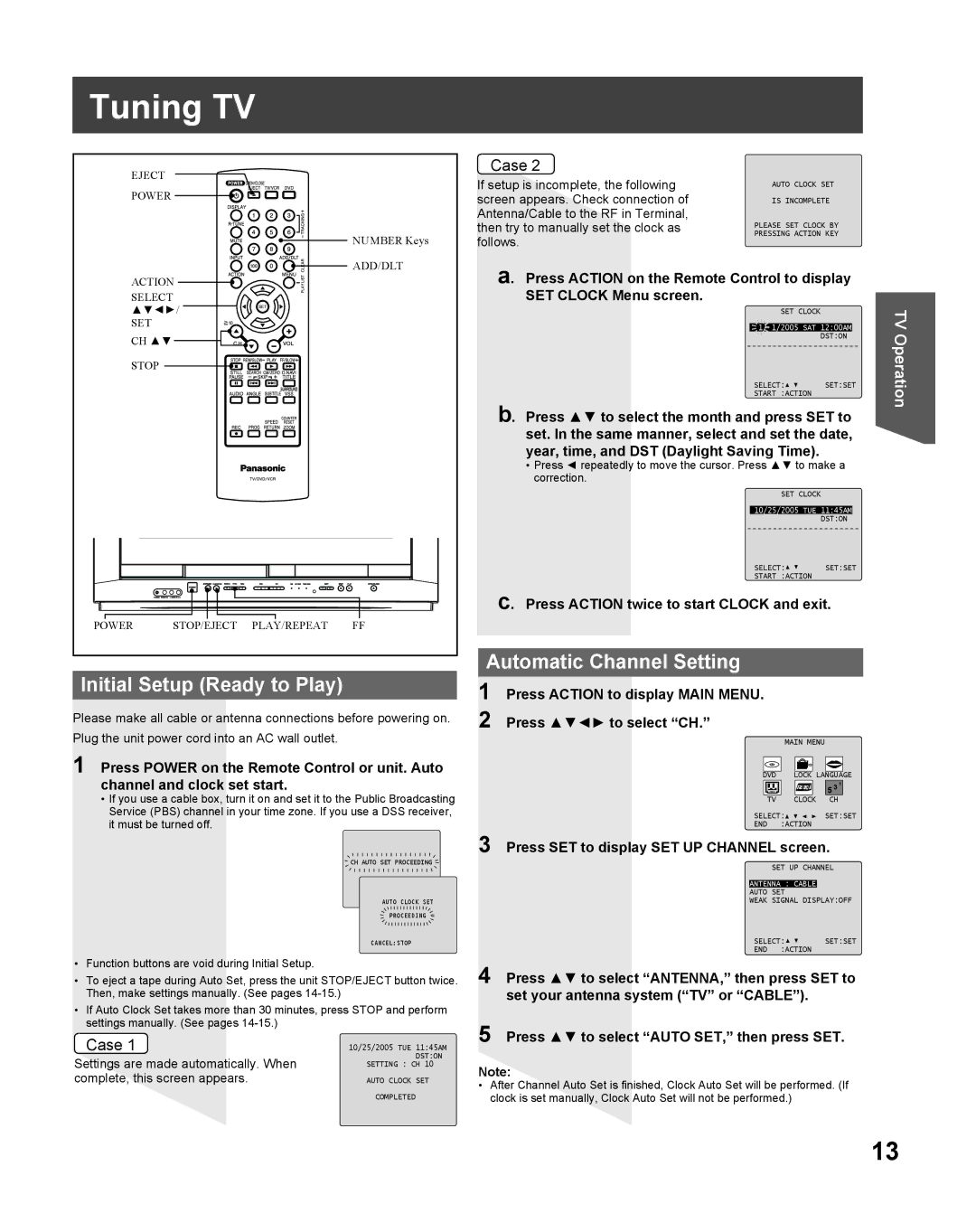 Panasonic PV DF2735, PV-DF2035 manual Tuning TV, Initial Setup Ready to Play, Automatic Channel Setting 