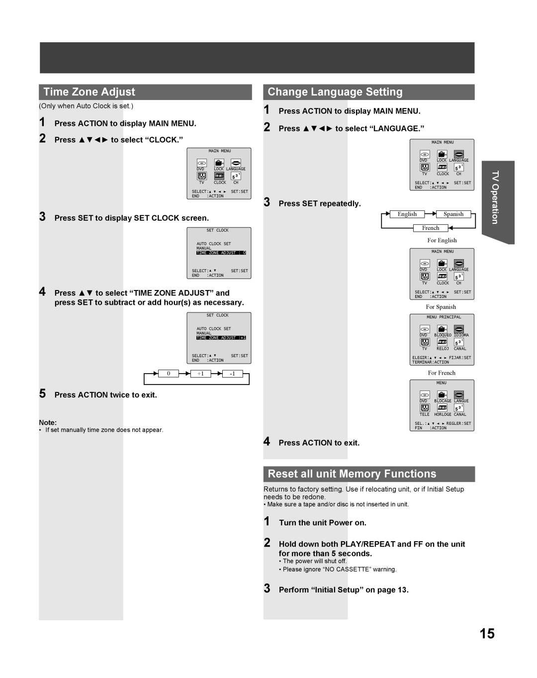 Panasonic PV DF2735, PV-DF2035 manual Time Zone Adjust, Change Language Setting, Reset all unit Memory Functions 