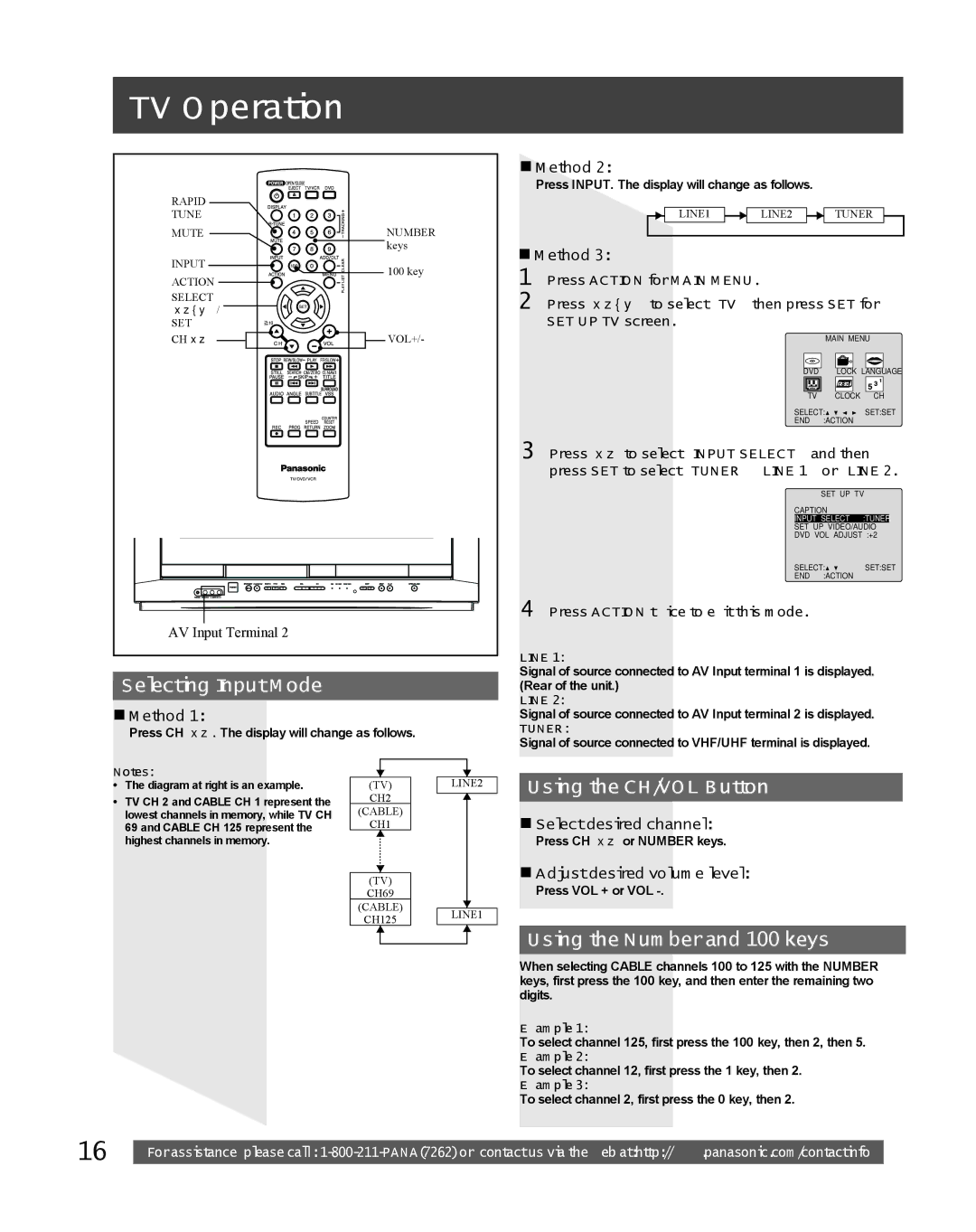 Panasonic PV-DF2035, PV DF2735 TV Operation, Selecting Input Mode, Using the CH/VOL Button, Using the Number and 100 keys 