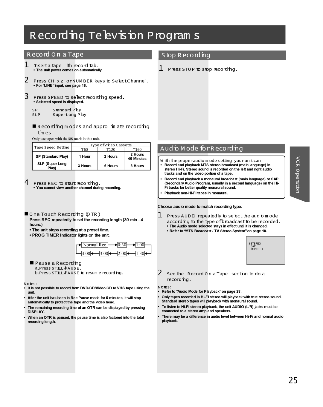 Panasonic PV DF2735, PV-DF2035 Recording Television Programs, Record On a Tape, Stop Recording, Audio Mode for Recording 