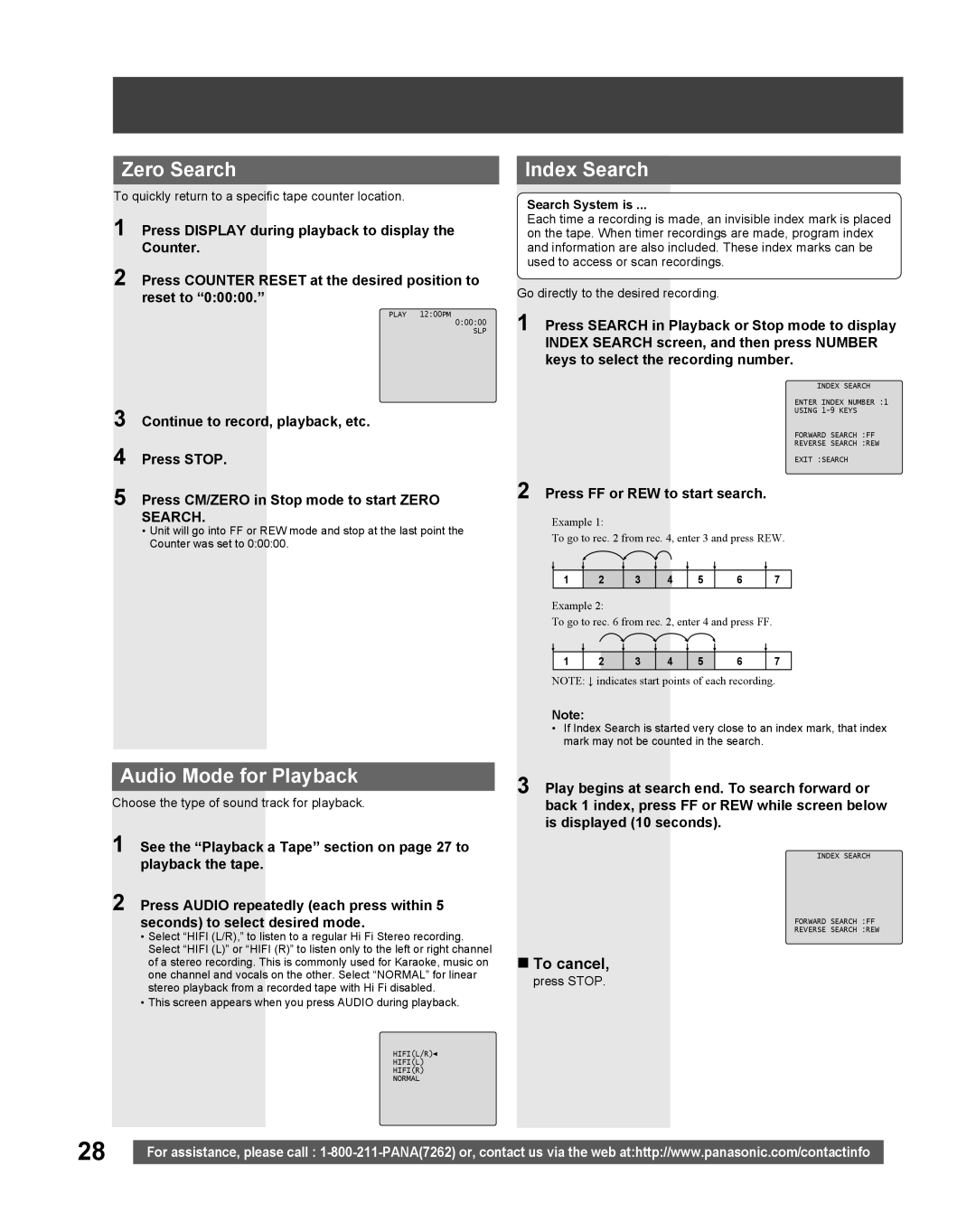 Panasonic PV-DF2035, PV DF2735 manual Zero Search, Audio Mode for Playback, Index Search, To cancel 