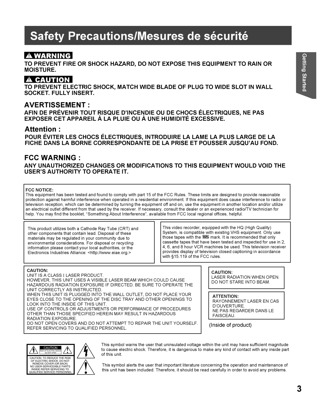 Panasonic PV DF2735, PV-DF2035 manual Safety Precautions/Mesures de sécurité, FCC Notice 