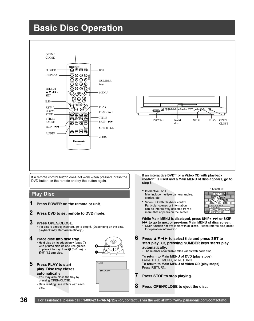 Panasonic PV-DF2035, PV DF2735 manual Basic Disc Operation, Play Disc, Place disc into disc tray 