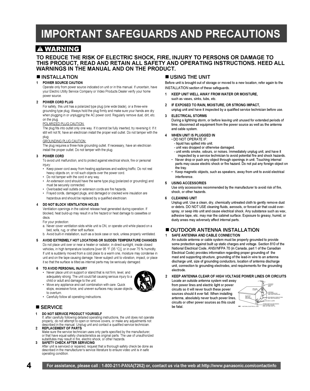 Panasonic PV-DF2035, PV DF2735 manual Important Safeguards and Precautions 