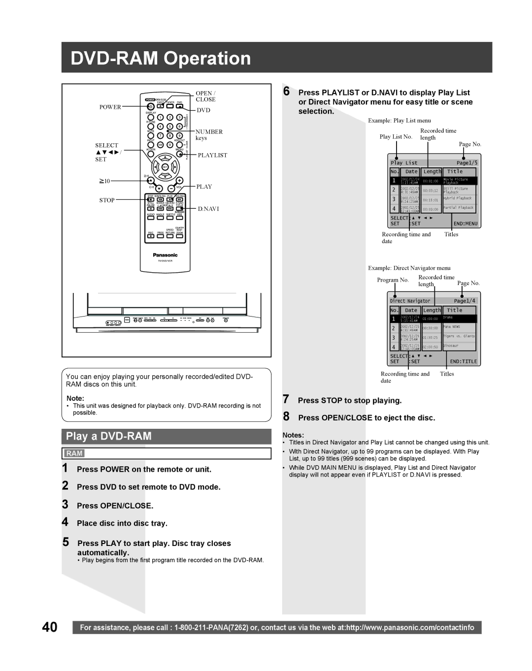 Panasonic PV-DF2035, PV DF2735 manual DVD-RAM Operation, Play a DVD-RAM 