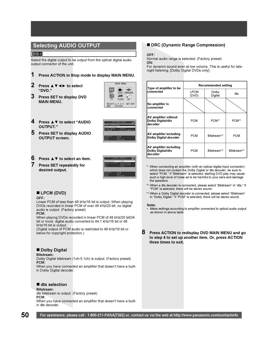 Panasonic PV-DF2035, PV DF2735 Selecting Audio Output, DRC Dynamic Range Compression, Dolby Digital, Dts selection, Pcm 