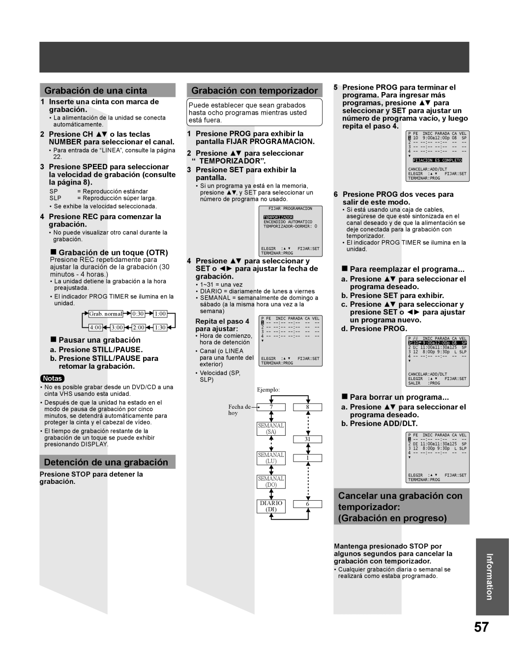 Panasonic PV DF2735, PV-DF2035 manual Grabación de una cinta, Detención de una grabación, Grabación con temporizador 