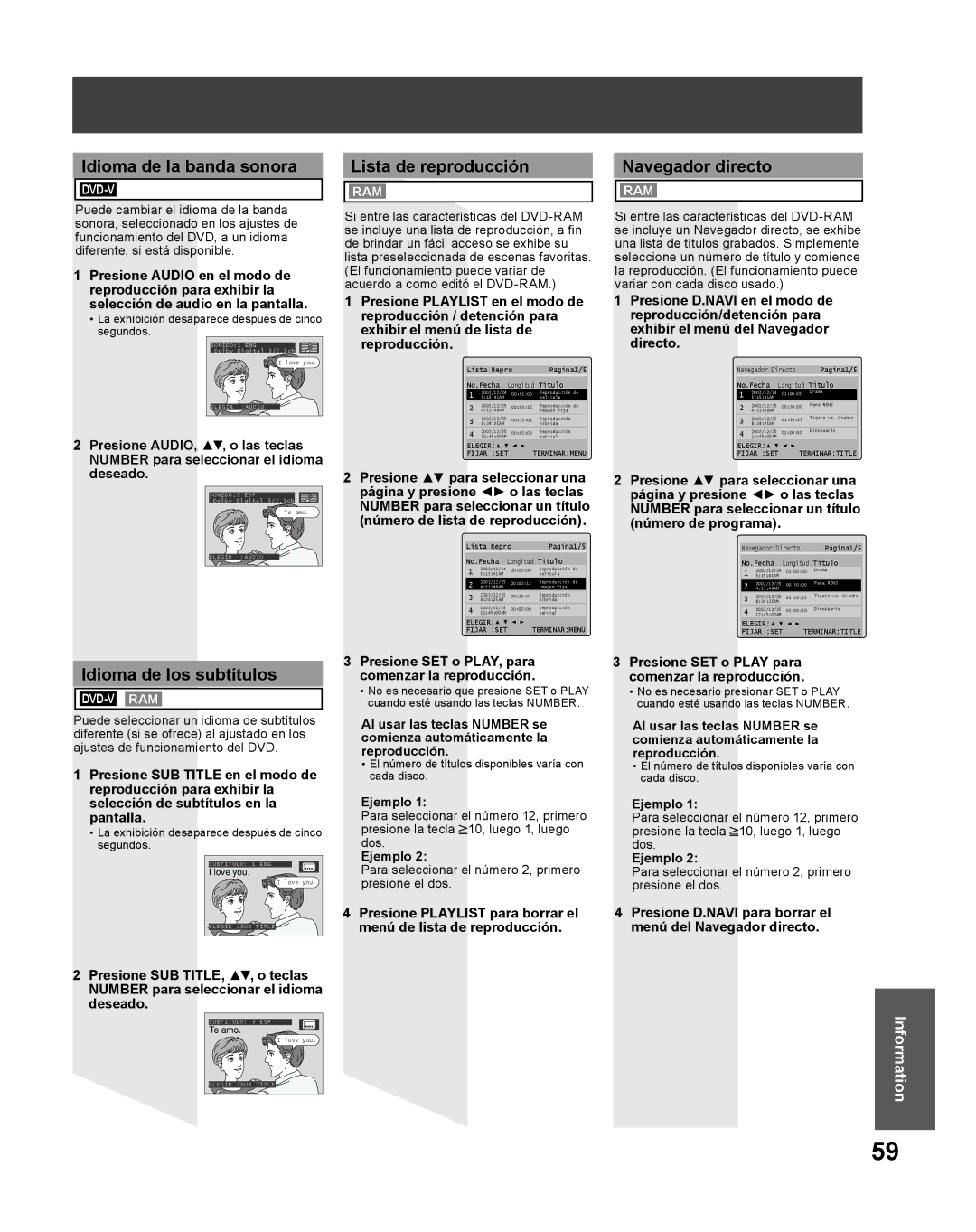 Panasonic PV DF2735 manual Idioma de la banda sonora, Lista de reproducción, Navegador directo, Idioma de los subtítulos 